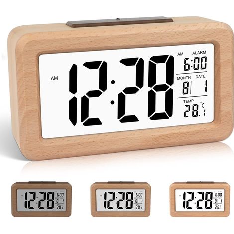 Réveil Numérique Bois - Écran LCD Rétroéclairé - Affichage Heure Date Température - Fonction Snooze - Sans Bruit Ticking - Pour Chambre Bureau Chevet - 1 Pièce