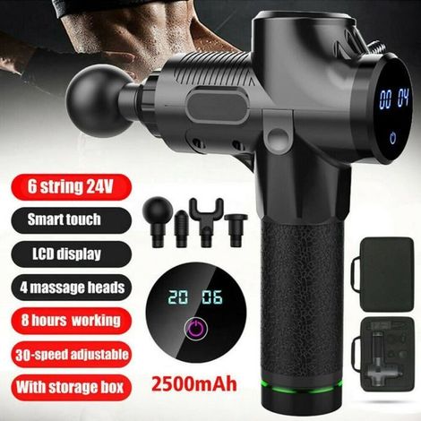 Pistolet de massage - NOIR - Écran LCD - 30 vitesses - Fonctionnement sans fil - 4 têtes de massage (1/4)