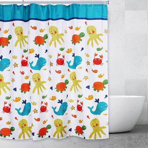 Rideaux de douche pour salle de bain enfants, motif créatures marines, poissons, tortues, baleines et crabes multicolores, 150 x 198 cm, en polyester avec 12 crochets en plastique. (1/5)