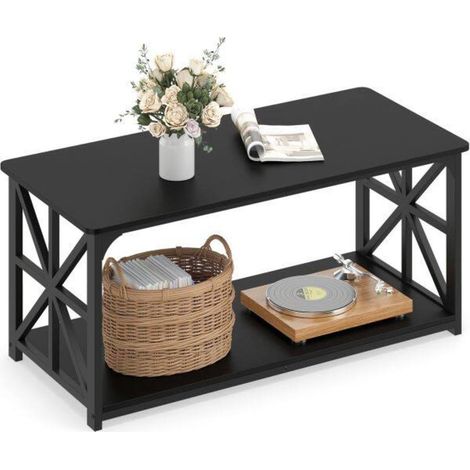 Table Basse avec Rangement Étagère Ouverte Structure Métal en X 109x50x48cm Noir pour Salon et Appartement (1/5)