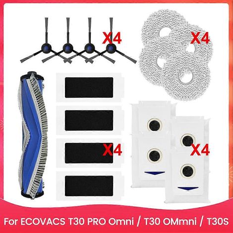 Accessoires de rechange pour aspirateurs Ecovacs séries T30 PRO Omni / T30 OMmni / T30S : brosse principale/latérale, filtre HEPA et sac à poussière. (1/5)