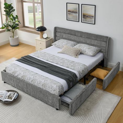 Lit 90x200 avec 2 tiroirs de Rangement, Lit Capitonné 90x200 AVCE Sommier à Lattes, pour Enfant Adolescent Adulte, sans Matelas, Chenille Beige (1/5)