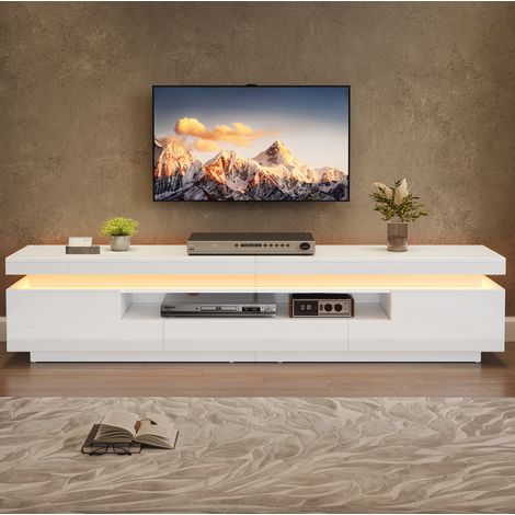 Meuble TV 175 cm avec 2 placards, 1 tiroir et LED, blanc, pour appartement et hôtel (1/5)