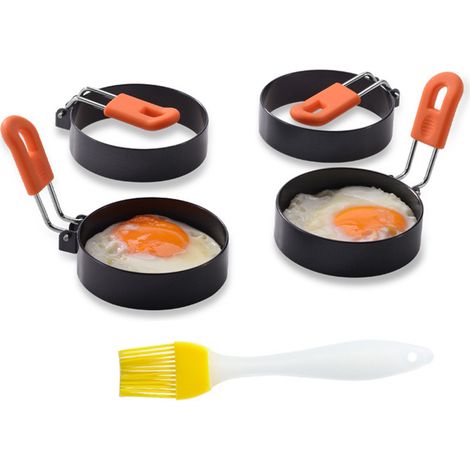 Ensemble de 5 anneaux à œufs avec brosse, en acier inoxydable épais et manche en silicone, pour la cuisson des œufs et la fabrication de moules à omelettes ronds antiadhésifs. (1/5)