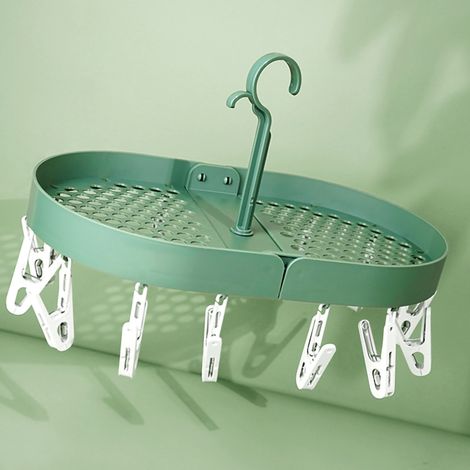 Étendoir à linge rotatif 360 degrés, petits crochets pliables avec pince, suspendu pour égouttage, maison et dortoir, vert foncé