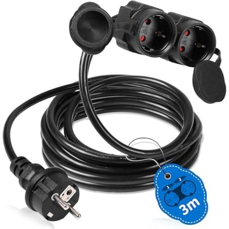 Rallonge IP44 de 3 m, 2 prises Schuko, 250 V/16 A/3500 W, pour la maison, le bureau, l'intérieur ou l'extérieur, noir (1/5)