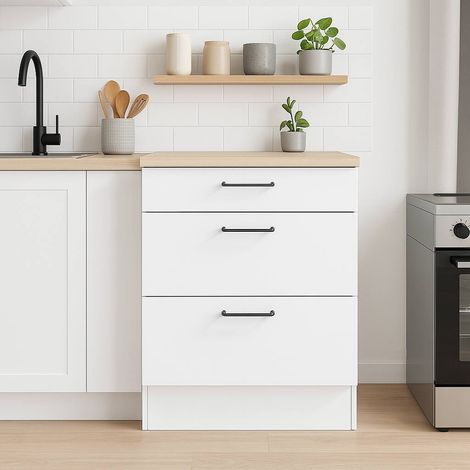 Dmora - Comoda 3 cajones Cuggiono, Comoda de cocina, Módulo de almacenamiento con cajones, Base con cajones extraíbles, 60x60 h90 cm, Blanco y Roble (1/5)