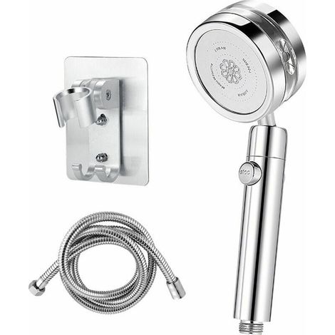 royaluxe - Pommeau de Douche Turbocompressé Argent avec Tuyau 1.5 m et Support de Douche sur Mur, Un Bouton de Interrupteur, Pommeau de Douche Amovible et Facile à Nettoyer (1/5)