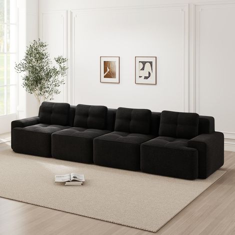 Divano modulare a 4 posti 382x104x69 cm - Grande divano lineare in velluto a coste senza struttura con seduta profonda - Nero (1/5)