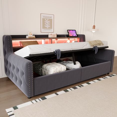 Lit-salon 90x200 cm avec rangement hydraulique, dossier et accoudoirs épais et moelleux, éclairage LED, tablette, prises et ports USB, sommier inclus, gris anthracite (1/5)