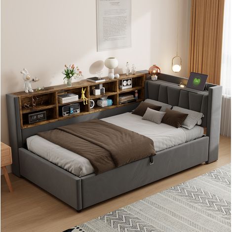 lit adulte rangement 90x200 coffre usb velours gris OKMYHOME (1/5)