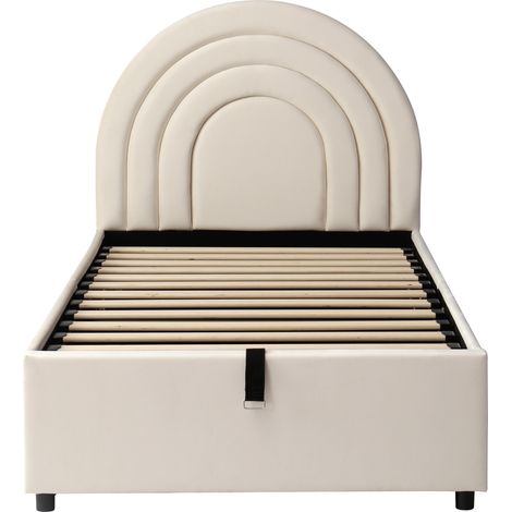 Cama tapizada juvenil 90 x 200 cm con somier y cabecero de terciopelo beige (1/5)