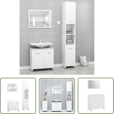 The Living Store 3-tlg. Badmöbel-Set Weiß Holzwerkstoff - Badmöbel-Set - Badezimmermöbel - Holzwerkstoff - Weißer Schrank - Spiegelschrank (1/5)