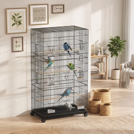 Grande Cage Oiseaux Roulettes Acier, Plateau Amovible, Portes Mangeoires, 77x46,5x141 cm, Noir (1/5)