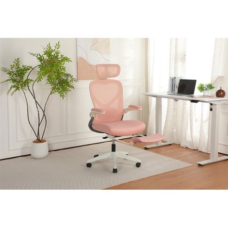 Chaise de Bureau Ergonomique Pliable - 62x48.5x129cm - Fauteuil Dossier Maille et Assise en Mousse avec Repose-Pieds - Rose (1/5)