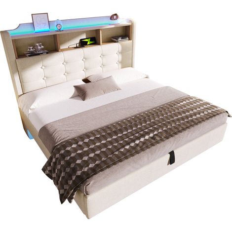 Letto Contenitore Matrimoniale 140 x 200 cm in Lino, LED, USB e Type-C, Senza Materasso, Beige (1/5)