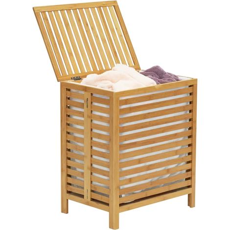 Cesto Biancheria Sporca in Bambu e Tessuto Cesta Portabiancheria 50x35x60cm (1/5)
