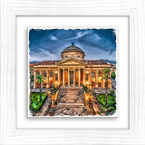 Lupia - Quadro moderno con paesaggi e localismi italiani, Ceramica e Stampa Rilievo, Cornice Legno Shabby Modern bianca, Decorazione Parete, Quadretti Soggiorno, 29x29 cm, PALERMO TEATRO MASSIMO (1/4)