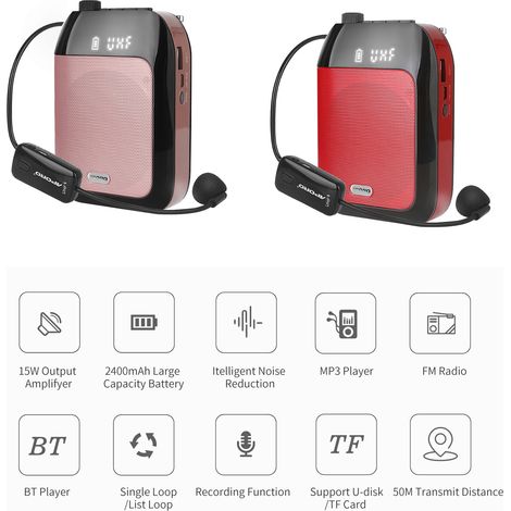 Amplificateur vocal portable pour enseignant, micro sans fil + casque + ceinture, rechargeable. Fonctions BT, enregistrement, radio FM. Idéal classe, réunion, formation, guide touristique, promotion. (1/5)