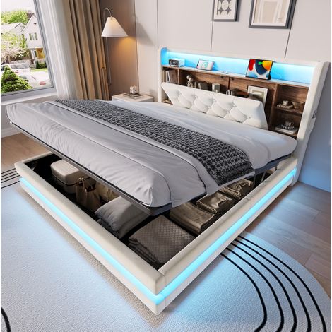 Polsterbett 140x200 cm Beige Samt mit LED, Stauraum und Bettkasten, ohne Matratze – MEUBLIV (1/5)