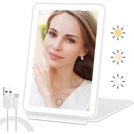 Miroir de maquillage de voyage avec lumière et grossissement x10, portable et compact, support réglable, rechargeable, lumière LED, disponible en blanc