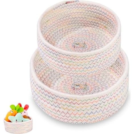 Lot de 4 paniers de rangement bébé, boîtes de rangement salle de bain, paniers décoratifs en coton tissé pour cuisine, étagères, placards, jouets (Bohème, 2 pièces) (1/4)