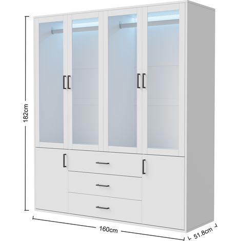 Armoire 160x51.8x182 cm avec 4 portes transparentes, 3 tiroirs， penderie - éclairage d'ambiance réglable - moderne，verre et bois - blanc — vue 3