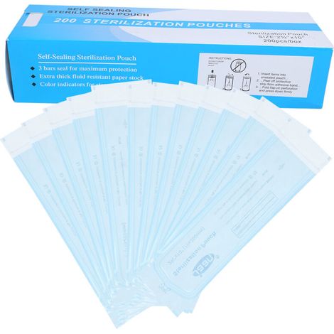 200 selbstklebende Sterilisationsbeutel für zahnärztliche Instrumente, blaue transparente PVC-Beutel (70 x 260 mm)