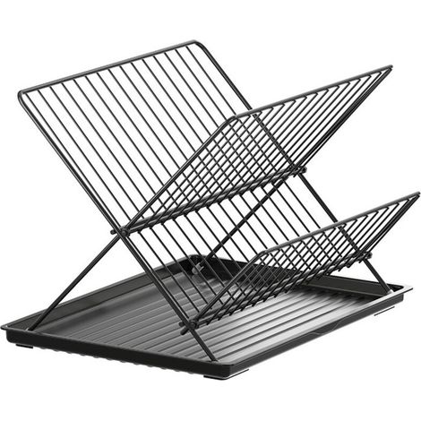 Folding dish drainer in carbon steel/stainless steel, 2 levels, removable water tray, for cutlery, plates, cups