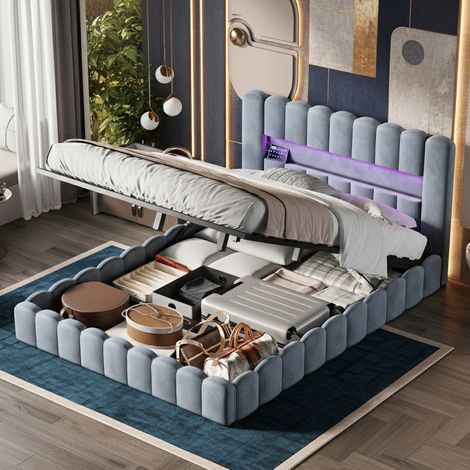 Lit coffre 180x200 cm, bubble lit double capitonné avec éclairage LED et Type-C et USB, lit adulte avec rangement, cadre de lit hydraulique avec sommier à latte, Lin, Gris (1/5)