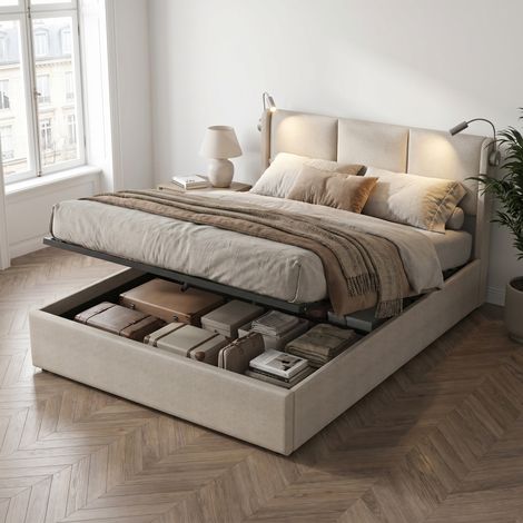 Polsterbett 160x200 cm mit Bettkasten, LED, Leselampen und USB, Doppelbett, Leinenstoff, Grau