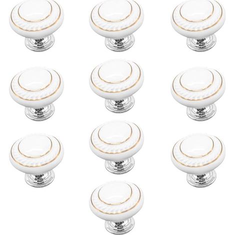 10 x Poignées et Boutons de Tiroir, Poignée de Porte Céramique, Boutons de Meubles (Double Cercle d'Or - Blanc) (1/5)