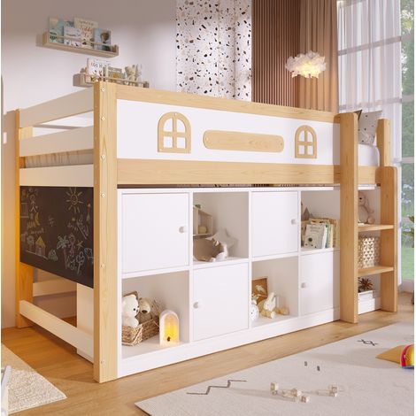 Etagenbett 90x200 cm bianco/naturale con lavagna, vani portaoggetti e scala (1/5)