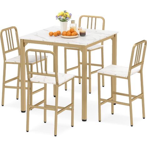 Ensemble de table haute blanche 5 pièces avec plateau carré, 4 tabourets et repose-pieds pour cuisine et salle à manger (1/5)