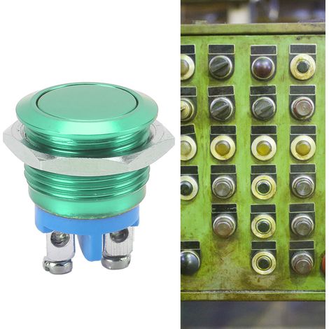 16 mm Flachkopf-Metall-Drucktaster, vollständig eloxiert, selbstrückstellend, mit Stellschraube, grün, 220 V. (1/5)