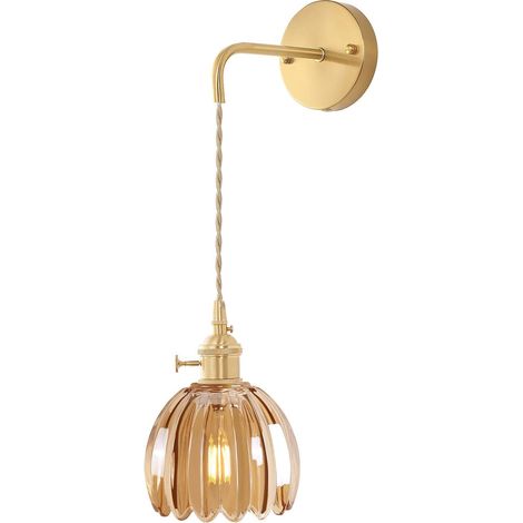 Applique murale vintage en verre cannelé transparent, lampe murale dorée avec douille E27 et interrupteur rotatif pour chambre ou salon (Ambre, 1 pièce) (1/5)