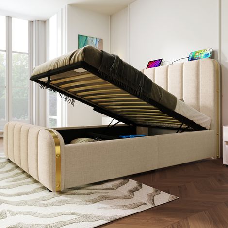 Cama tapizada moderna 90x200 cm en lino beige, con cabecero USB/Type-C y arcón hidráulico (1/5)
