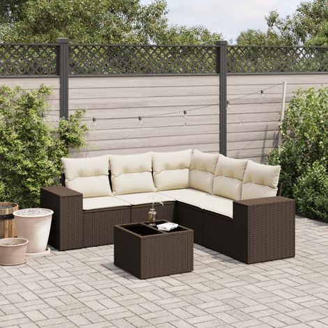 6-tlg. Garten-Sofagarnitur mit Kissen Braun Poly Rattan (1/3)