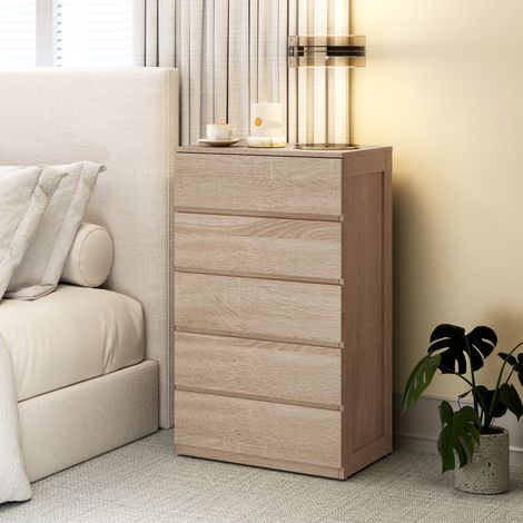 Commode en bois à 5 tiroirs avec glissières métalliques et poignées rainurées, 60 x 39 x 100 cm, couleur hêtre (1/5)