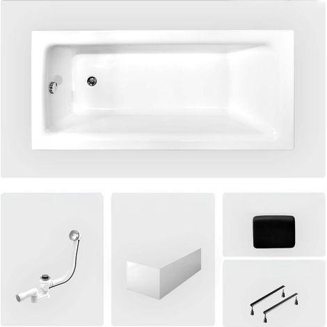 Rechteckige Badewanne - 160 x 75 cm - mit weißer Frontschürze - Füße - Griffe - Kopfstütze - Chromablauf - TALIA PREMIUM (1/4)