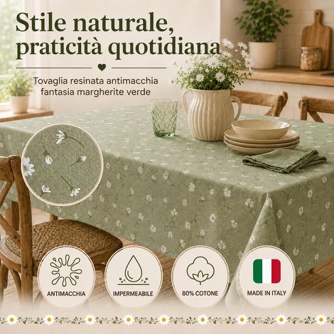 Tovaglia Resinata Antimacchia con Margherite Bianche su Fondo Verde, Impermeabile 80% Cotone Made in Italy Cm.140x300 x18 persone (1/5)