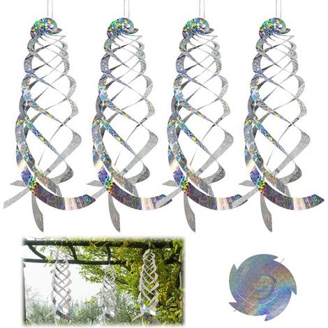 Lot de 4 répulsifs à oiseaux réfléchissants – Spirales suspendues de 45 cm – Épouvantail réfléchissant pour jardin, balcon, arbres fruitiers et potager – Argenté (1/5)