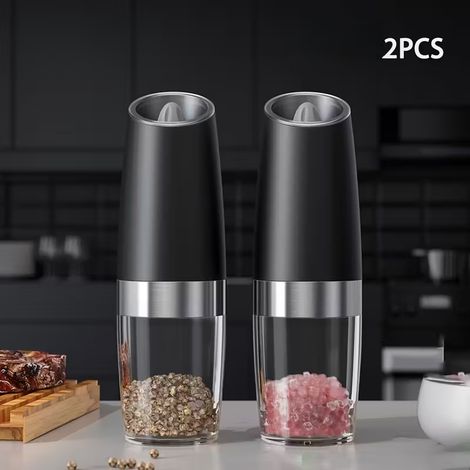 Set di 2 macina sale e pepe elettrici a induzione gravitazionale, con funzione di macinatura automatica inclinabile, alimentazione a batteria e luce LED. (1/5)