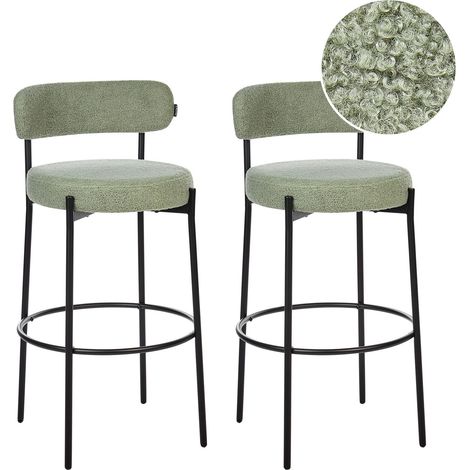 Set di 2 sedie da bar tessuto bouclé verde chiaro con gambe in acciaio nero Allison