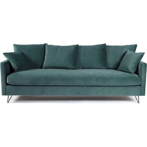 Canapé convertible 4 places en velours pieds épingles noirs - vert eucalyptus - VILLABON (1/5)