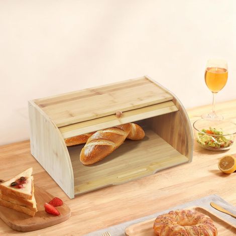 Bambus Brotkasten, Mit Rollo Deckel Aus Naturholz Handgefertigt In Holzfarbe Für Aufbewahrung Von Brot Und Lebensmittel In Küche Wohnzimmer Schlafzimmer