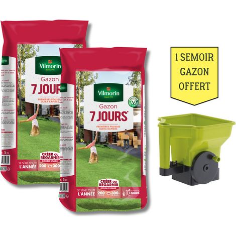 Gazon 7 jours 5 kg (x2) – Semoir à gazon inclus pour répartition précise – Pousses rapides en quelques jours – Vilmorin