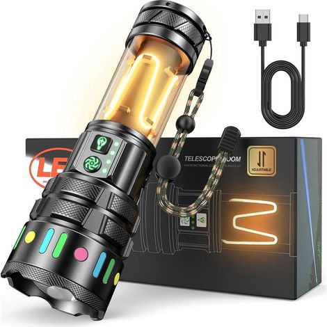 Ultra Powerful LED Flashlight, Rechargeable 900000 Lux Flashlight with Camping Light, Zoomable, 11 Modes, 5000mAh Battery, Waterproof Tactical Flashlight