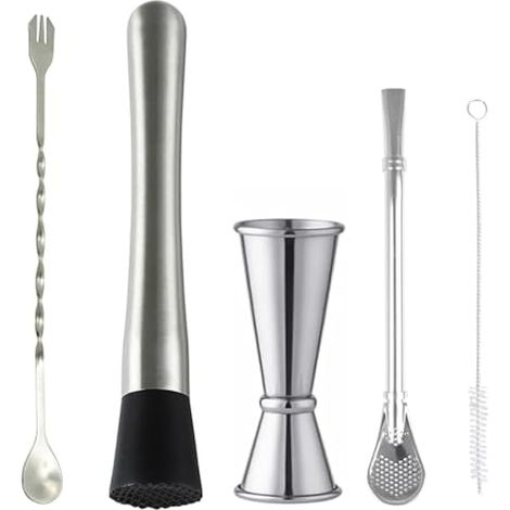 5 pièces kit cocktail : pilon et cuillère à mélanger en acier inoxydable, avec doseur, paille et brosse de nettoyage pour mojitos