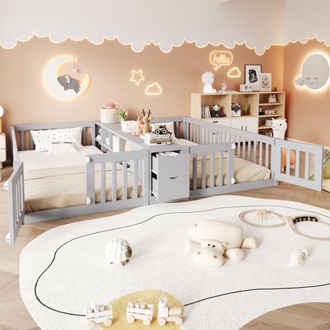 Lit enfants double moderne 2x90x200 cm en bois gris, avec barrières hautes, 2 tiroirs et étagère centrale